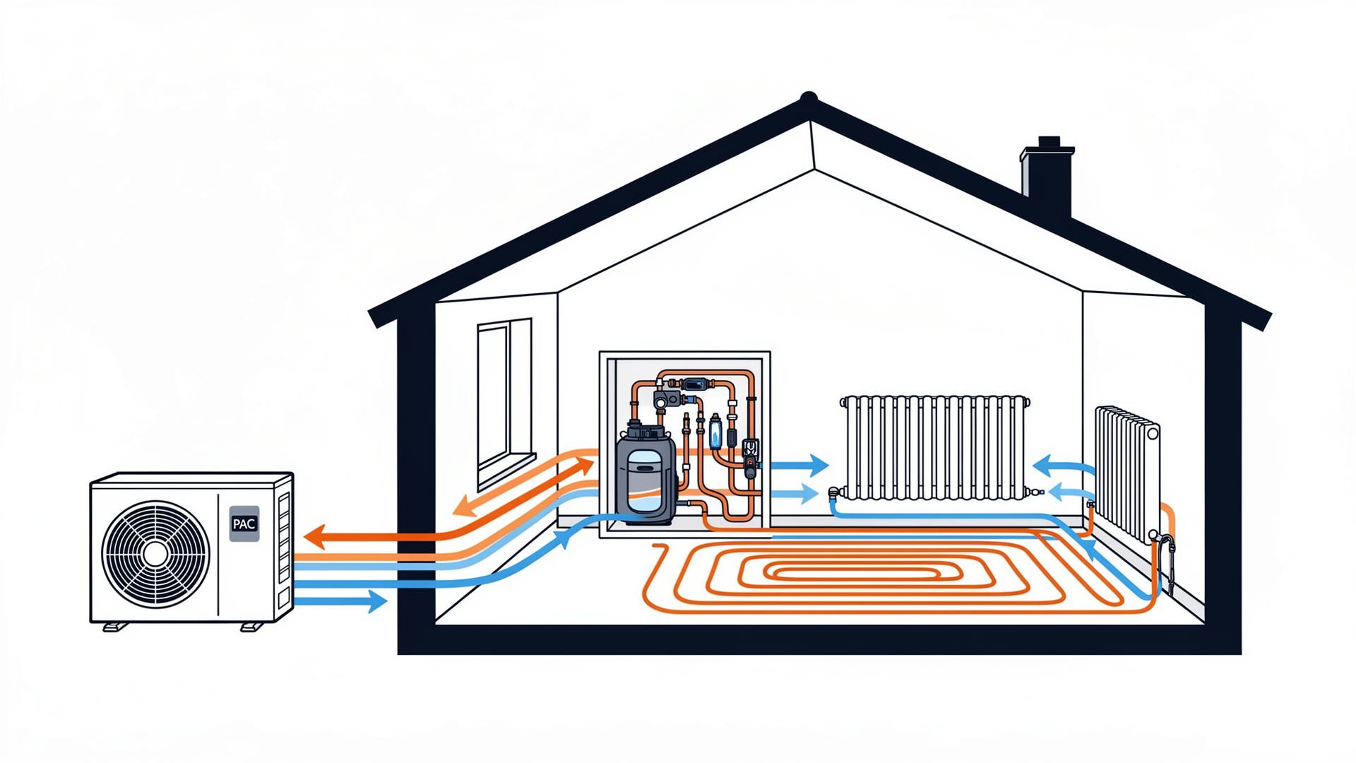 Schéma simplifié d'une PAC air/eau : unité extérieure, module hydraulique intérieur, radiateurs et plancher chauffant